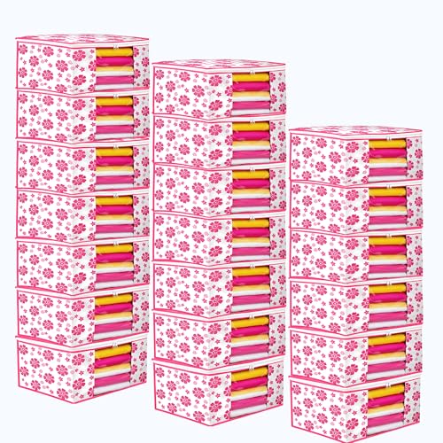 Image of Flower Printed Saree Covers for Cloth Storage & Wardrobe | Transparent Window, Zipper Closure | Pink-White | Pack of 20 | Dustproof Breathable Storage Bag for Travel & Home Use