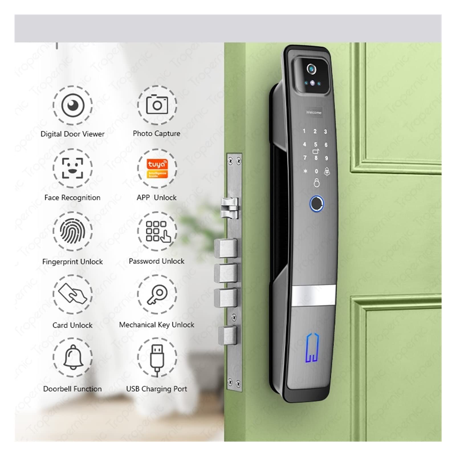 Cerradura de Puerta Inteligente Tuya con cámara y aplicación móvil Reconocimiento Facial 3D WiFi Seguridad de Huellas Dactilares Cerradura automática (Color : 240 24 6868)