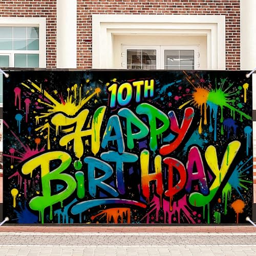 Image of Nuxovilar 10th Birthday Banner Polyester Graffiti Backdrop Decor 71 inchx43 | Happy Birthday Banner Splatter Sign, Street Hanger, party photo background, wall hanging decor, yard lawn porch