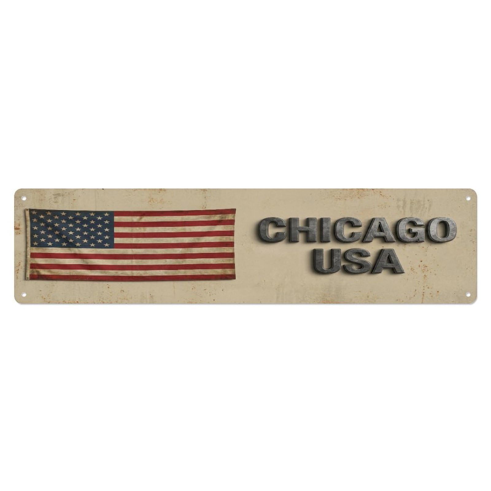 Okahys 4X16inch(10X40cm) Vintage Chicago Usa Flag Decor Rustic Travel Metal Tin Sign