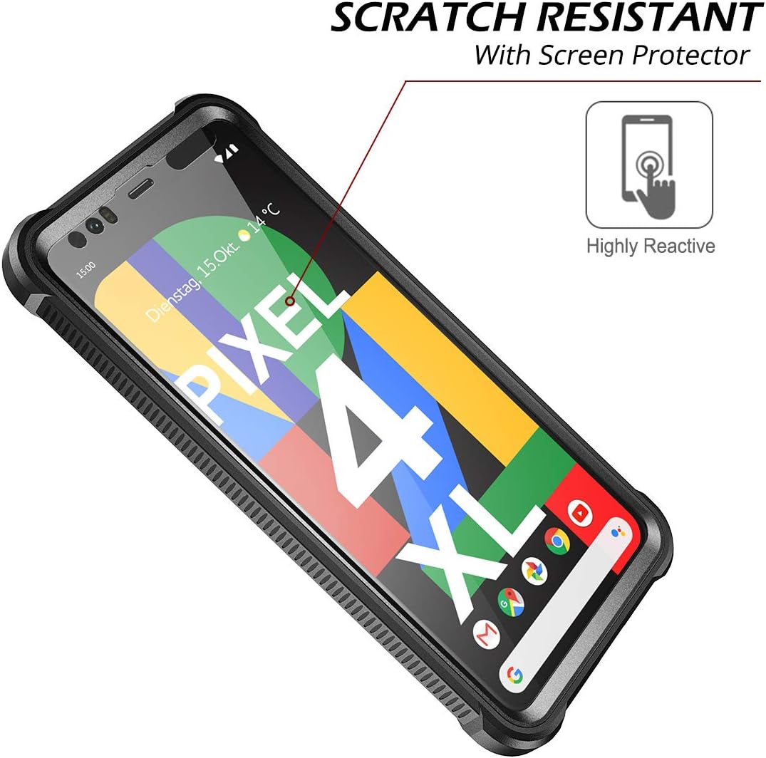 Dexnor Google Pixel 4 XL Case with Screen Protector Clear Rugged Full Body Protective Shockproof Hard Back Defender Dual Layer Heavy Duty Bumper Cover Case for Google Pixel 4XL - Black