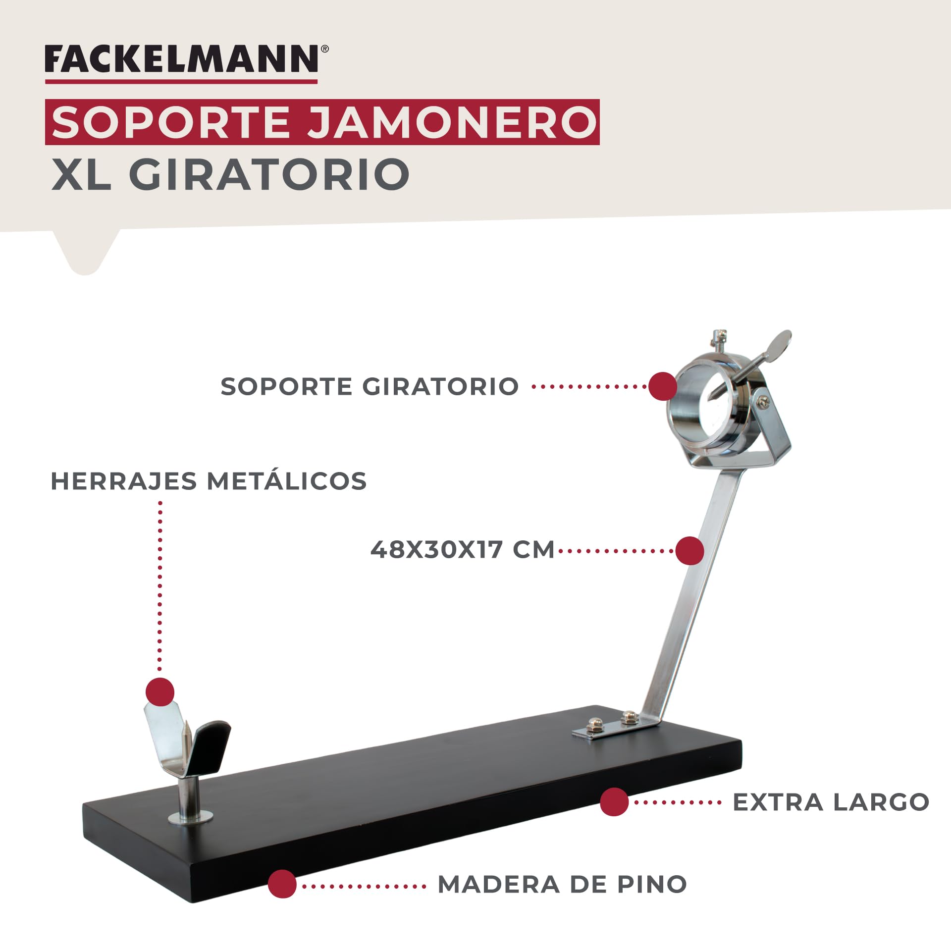 Fackelmann Jamonero Giratorio XXL Negro, Madera de Pino 48x34x17 cm, Base Estable para Jamones Grandes, Giro 360°, Herrajes Metálicos Robustos, Fácil Montaje, Uso Profesional o Doméstico