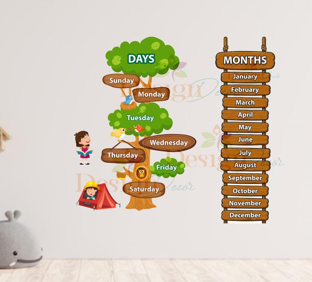 Educational Week Days and Months Wall Sticker, Tree Design Learning Chart for Kids, Classroom Decorative Decal 60x60_Cm-image-34