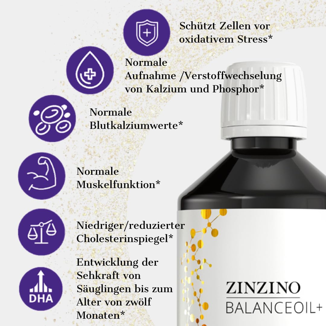 ZinZino BalanceOil+ Olej rybny z Omega-3 2478 mg, Omega-9, Witamina D3, Tokoferol, DHA, EPA z oliwą z oliwek o smaku cytrynowym, 300 ml