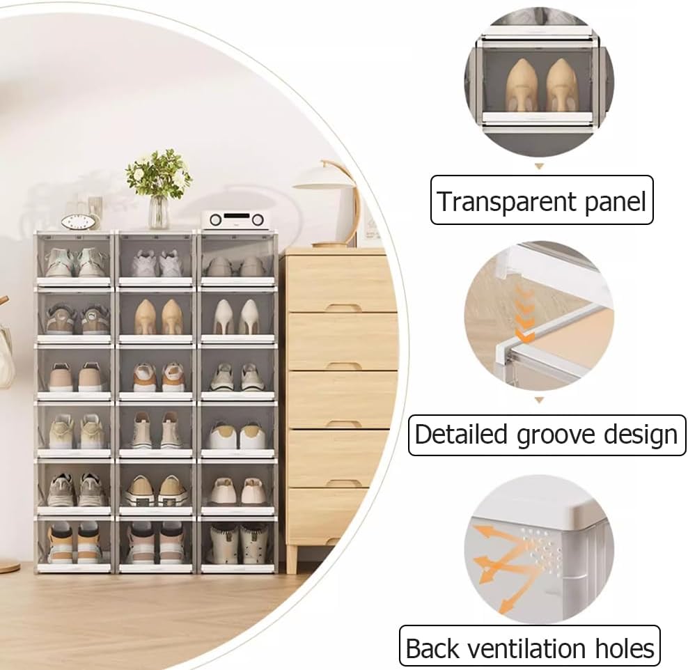 Plastic Shoe Organizer with Clear Door,3/6/9-Pack Stacking Drawers,Drawer Type Front Opening Shoe Holder Containers,Large Closet Organizers Box,6pc