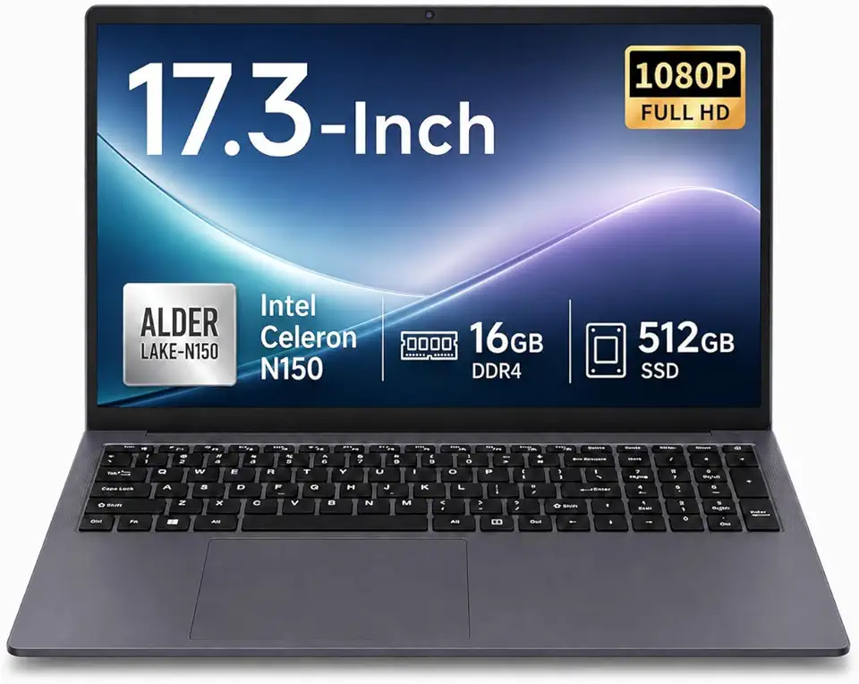 BINTEC Laptop de 17 polegadas, DDR4 de 16 GB, processador Twin Lake-N150 de alta eficiência (até 3,6 GHz), desbloqueio de impressão digital e teclado retroiluminado, HDMI/USB 3.0, armazenamento