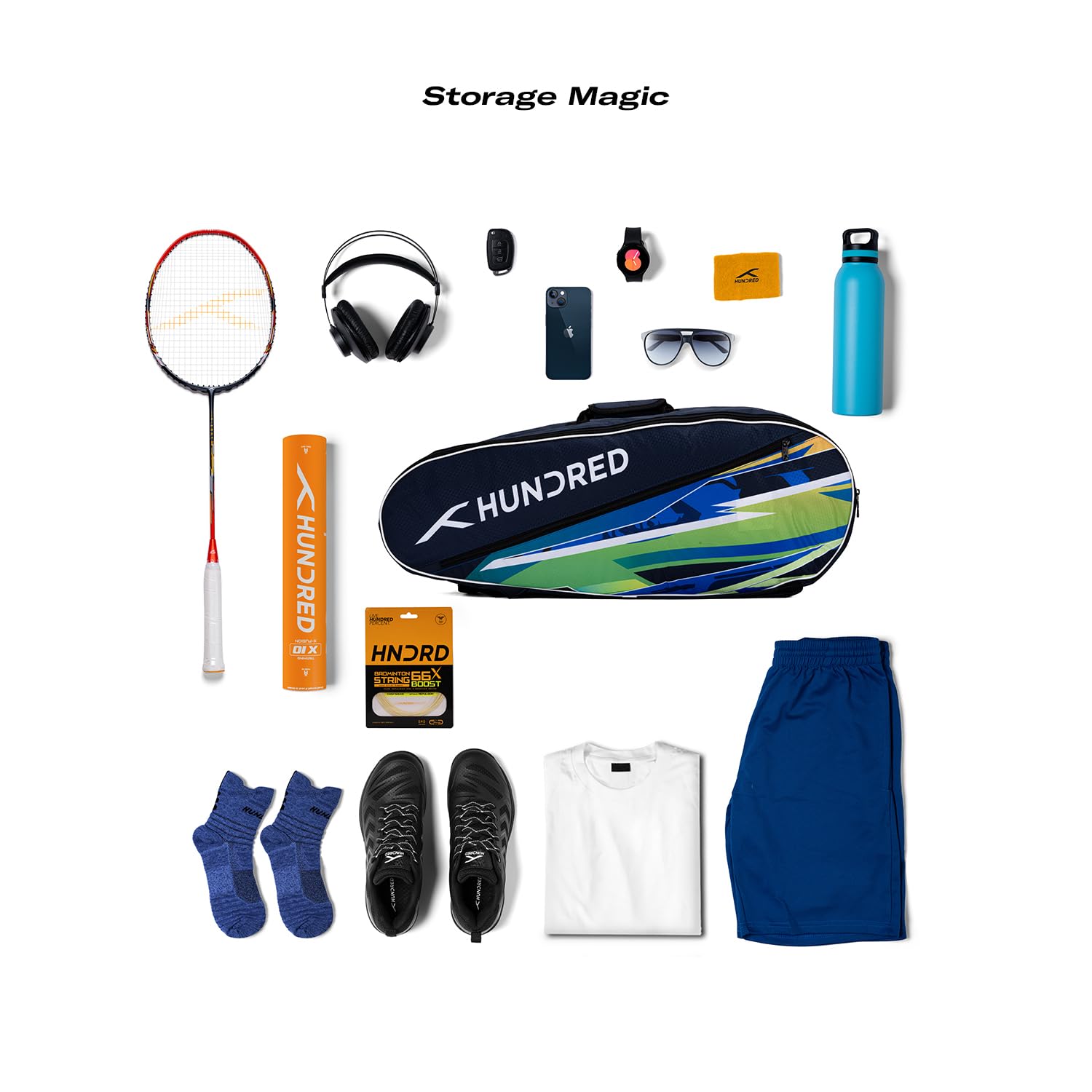 HUNDRED Debut Badminton and Tennis Racquet Kit Bag | Size: Large | Material: Polyester | 2 Compartments | Front Zipper Pocket | Padded Back Straps | Easy-Carry Handle | Navy Blue (6in1)
