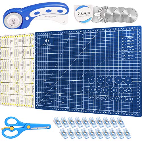 Timberrain 45mm Rotary Cutter Fabric Quilting Set, 5 Replacement Blades, A3 Rotary Cutting Mat, Acrylic Ruler, Scissors, 20Pcs Craft Clips, DIY Craft Rotary Cutter Tool Kit, Ideal for Crafting, Sewing