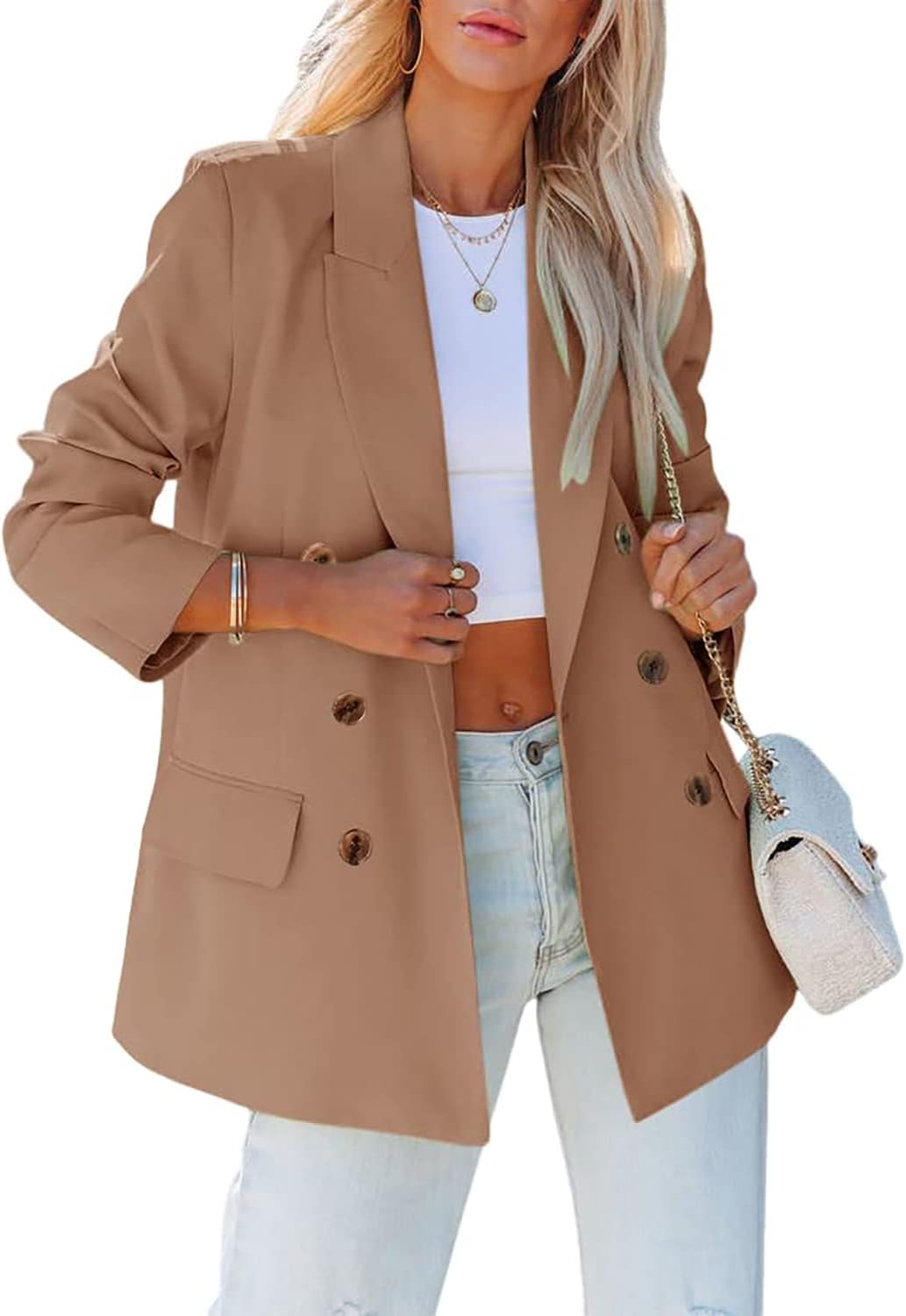 Womens Casual Blazers Double Breasted Lapel Collar Long Sleeve Work Office Jacket