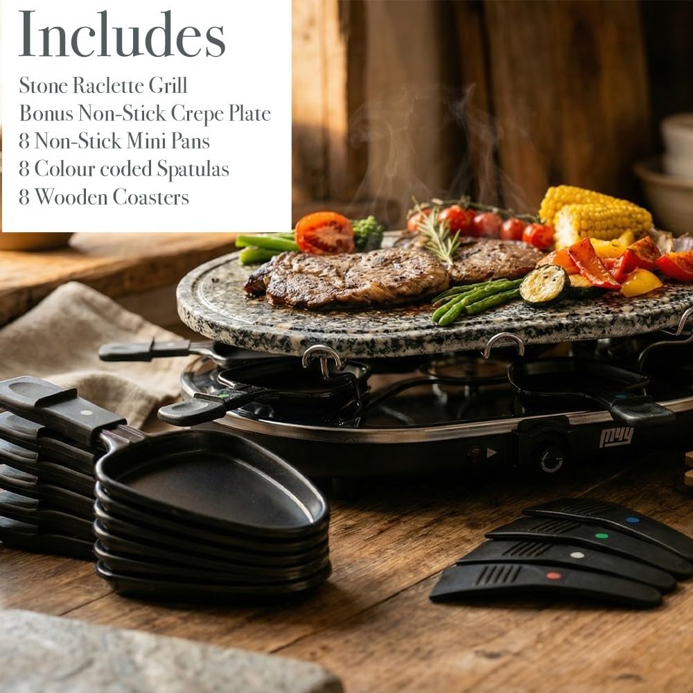 M4Y Piastra elettrica per raclette con piastra antiaderente + set di 8 sottobicchieri in legno, 8 padelle antiaderenti per fonduta e formaggio e 8 spatole, controllo termostato da 1200 W