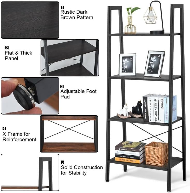 4-Tier Industrial Ladder Bookcase, 13in Inter-Shelf Distance, 33lb Per Tier, Thick Iron FFor rame with Frost Finish, Cross-Braced Back, Floor-Leveling Pads