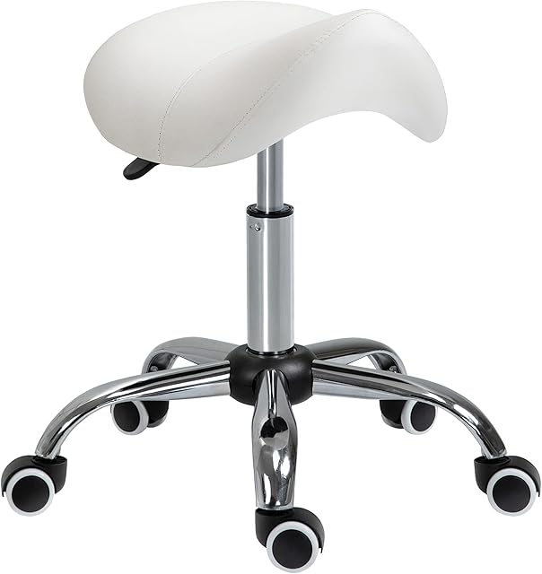 HOMCOM Cosmetic Stool 360° Rotate Height Adjustable Salon Massage Spa Chair Hydraulic Rolling Faux Leather Saddle Stool Mobility, Cream