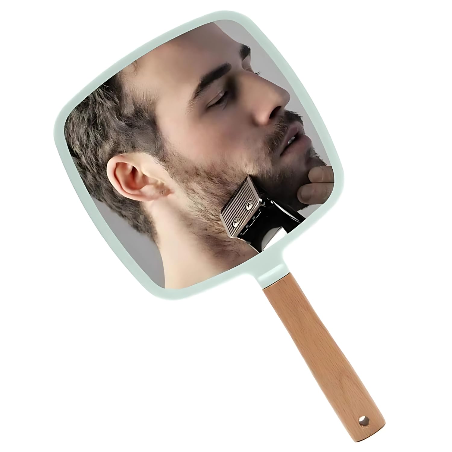 Handheld Makeup Mirror with Handle, Small Cute Wooden Shaving Mirror with Single Side Hanging Hole, Travel Portable for Men Women (Square, Green Pack of 1)