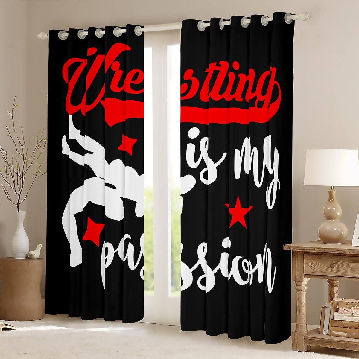 Feelyou Wrestle Curtains for Bedroom Living Room Kids Sports Theme Blackout Drapes Women Men Wrestle Decor Sports Darken Curtains Window Treatments Decor (2 Panels, 38 x 54 Inch)