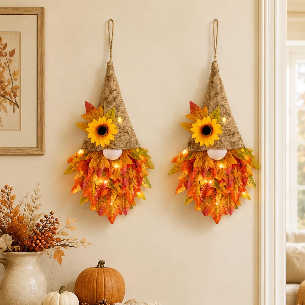 Uikhffe 2PCS Autumn Wreaths for Front Door, Gnome Autumn Decorations