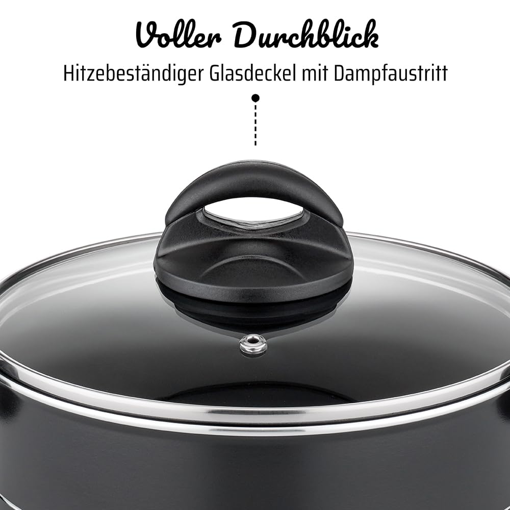 GSW Kochtopf Set Milano Nero, 15-teilig, Hochwertiges Topfset für Induktion, Ceran & Gas, Antihaftbeschichtung, Kochtöpfe mit Glasdeckel & Küchenhelfer, Töpfe & Pfannen