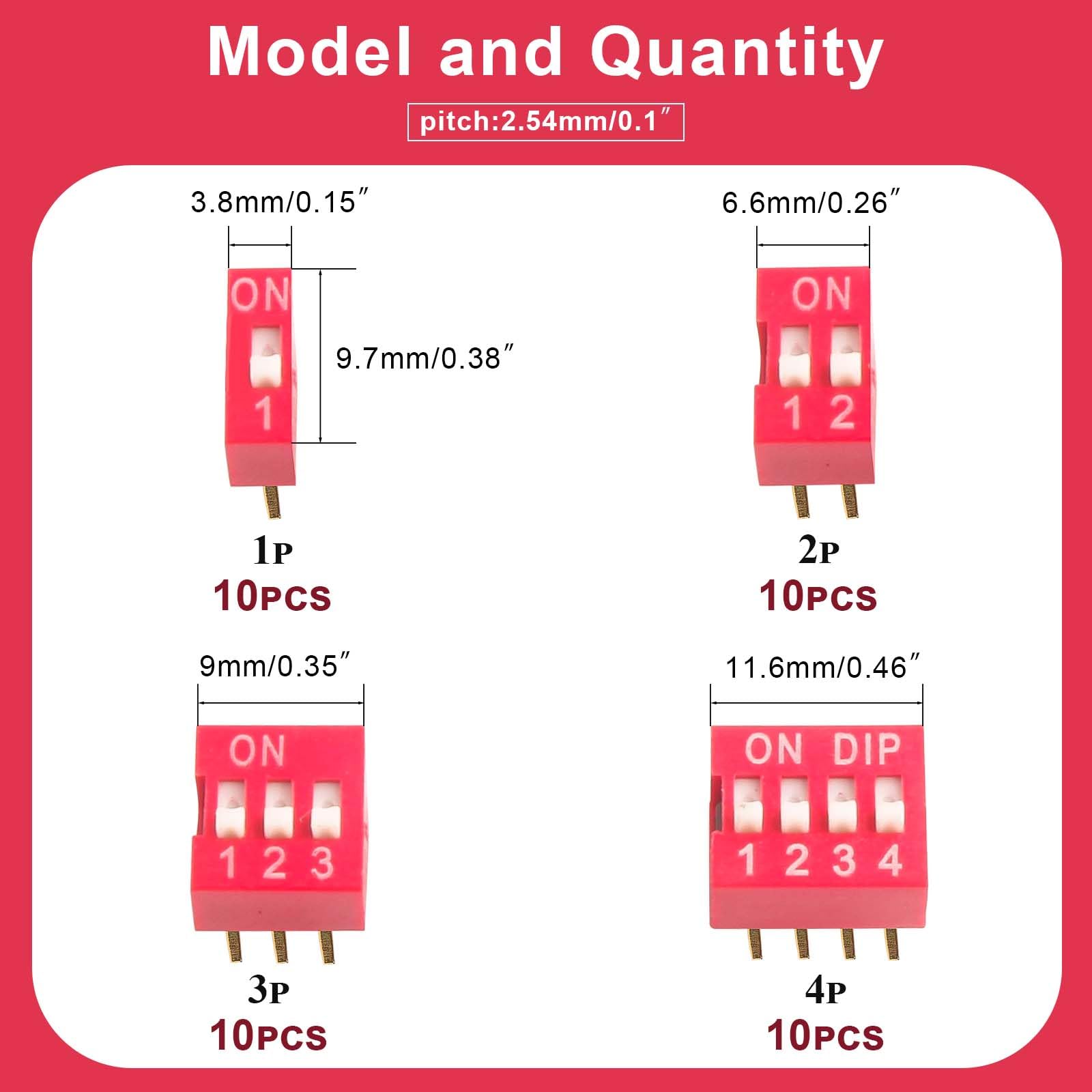 40pcs Slide Type Dip Switch Kit?Double Row Dip Switch, 1 2 3 4 Position 2.54mm PCB Mountable On Off Toggle Switch for Circuit,Breadboard