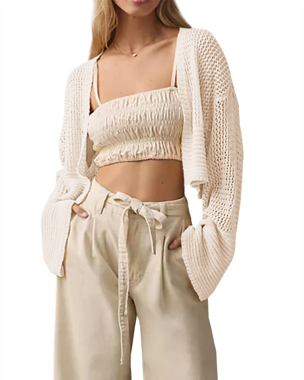 Cicy Bell Damen Open Front Strickjacke Boho Langarm Cropped Cardigan Leicht Sommer Sweaters