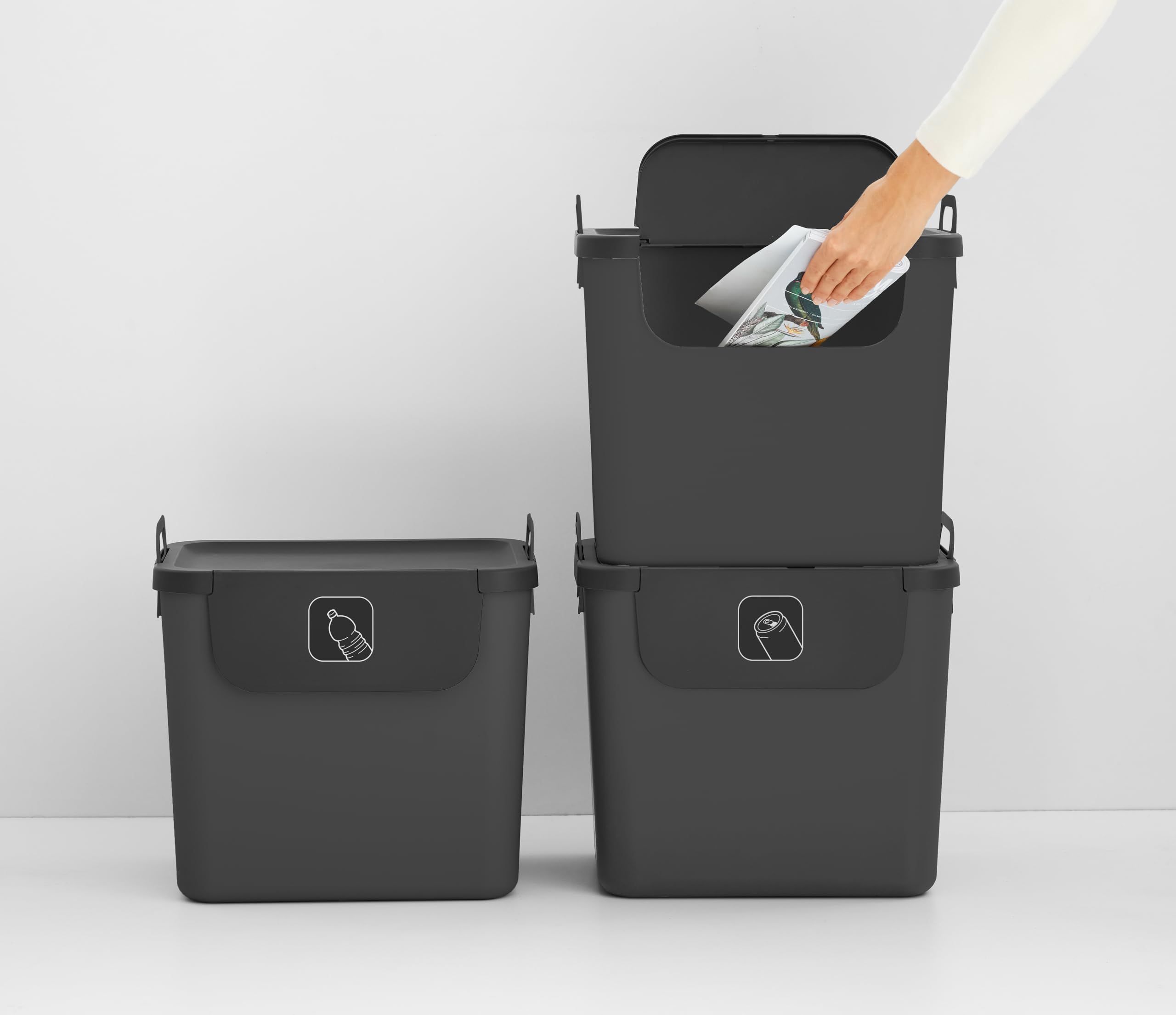 Jive Rotho Recycling Müllsystem anthrazit Set 3 poubelles de tri 30l plastique PP recyclé gris foncé