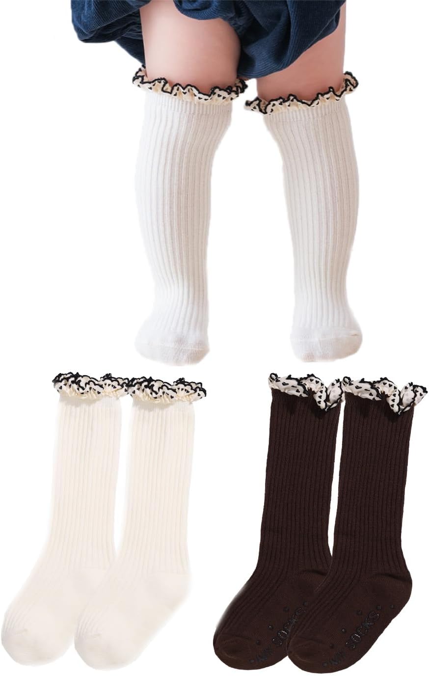 Woeoe Baby Toddler Girls Ruffle Socks Knee High Socks with Grips Knitted Long Stockings for Kids Boys Girls (2 Pairs)