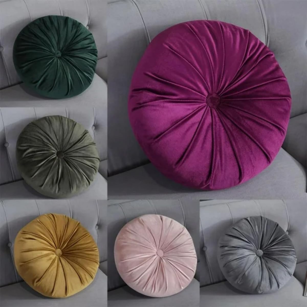 Round Throw Pillow, 13.7” Solid Color Decorative Round Dutch Velvet Floor Pillows Pleated Round Throw Pillow Floor Cushion Pillows for Sofa Couch Chair Bed Living Room, Dark Green