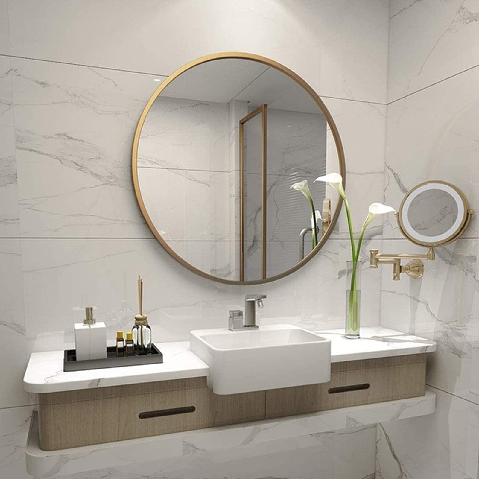Duże okrągłe lustro ścienne do łazienki | Okrągłe lustro ścienne | Lustra dekoracyjne na ścianę | Lusterko do makijażu Vanity, przedpokój do salonu, sypialnia, złote (rozmiar: 40 cm)