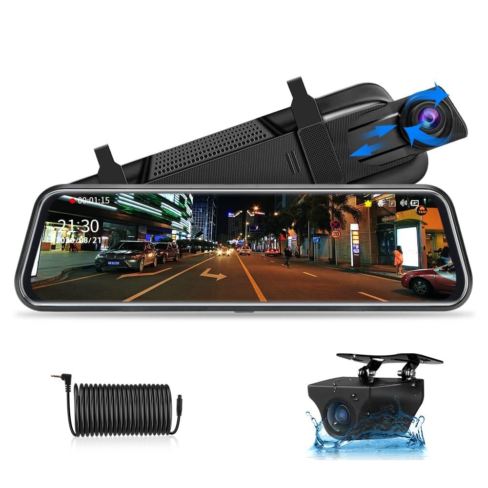 【2025 Upgraded】Jansite 10" Mirror Dash Cam Front and Rear View Camera 1080P Full Touch Screen Night Vision Dual Car Camera Dash Cam Loop Recording Streaming Media DVR 170° Wide Angle with 10M Cable