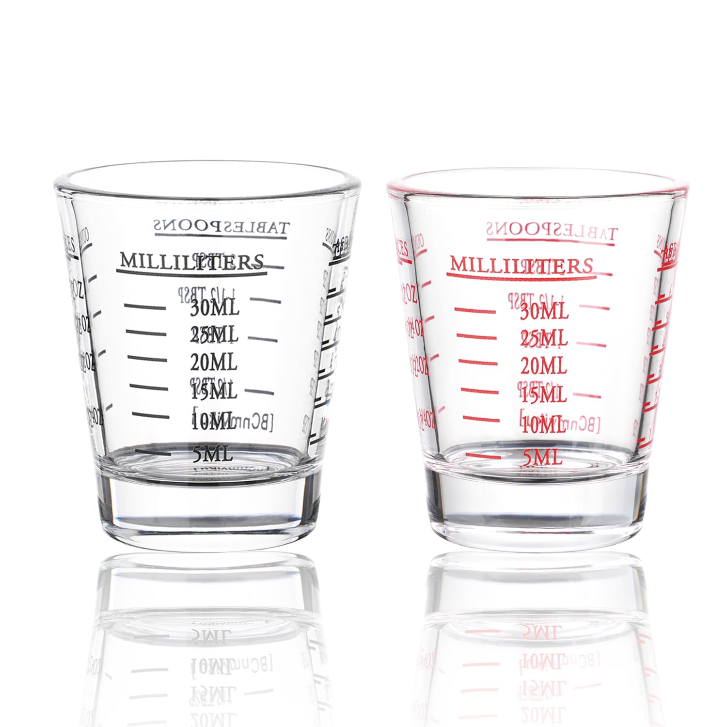 BCnmviku Shot Glasses Measuring cup Espresso Shot Glass Liquid Heavy Glass Wine Glass 2 Pack 26-Incremental Measurement 1oz, 6 Tsp, 2 Tbs, 30ml (Black and Red)