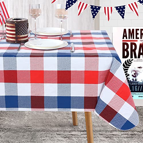 Fitable 4Th Of July Checkered Tablecloth 60X 84 Inch, Vinyl Independence Day Tablecloth With Flannel Backed Plaid Rectangle Memorial Day Table Cloth For Outdoor Picnic Dining, Blue Red And White
