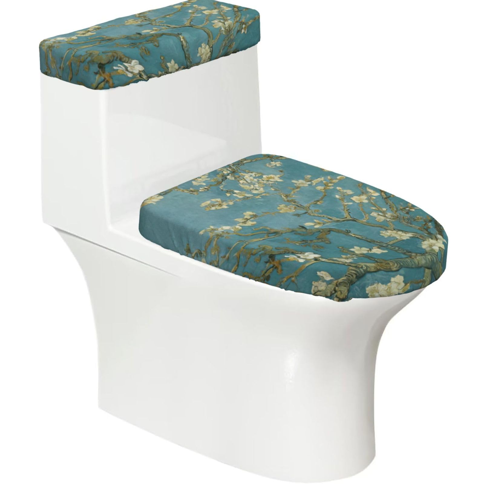 Almond Blossom Print Stretch Toilet Covers Set, Polyester Covers Replacement For Fits Most Size Lids Bathroom Decor