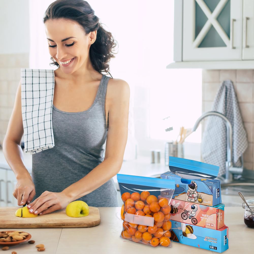 70 Pack Gefrierbeutel zur Aufbewahrung von Lebensmitteln,Wiederverwendbare doppelt versiegelte transparente Druckverschlussbeutel,BPA-freie Lebensmittel-und Sandwichbeutel -für Gemüse,Obst(3 Größen)