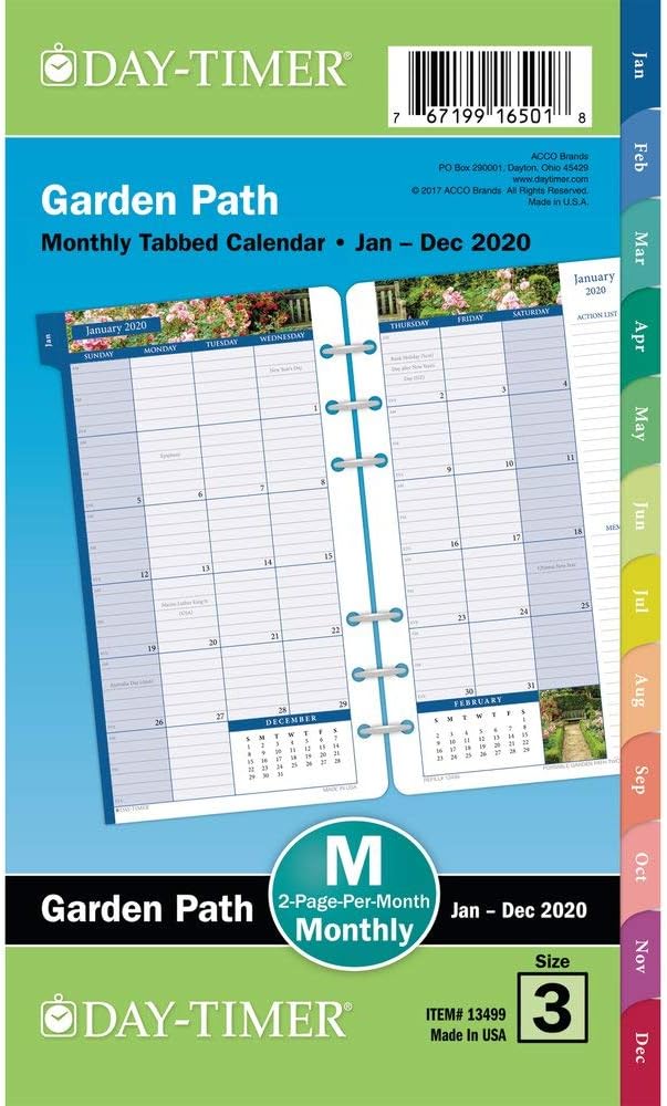 Day-Timer 2020 Monthly Planner Refill, 3-3/4" x 6-3/4", Portable Size 3, Two Pages Per Month, Loose Leaf, Garden Path (13499)