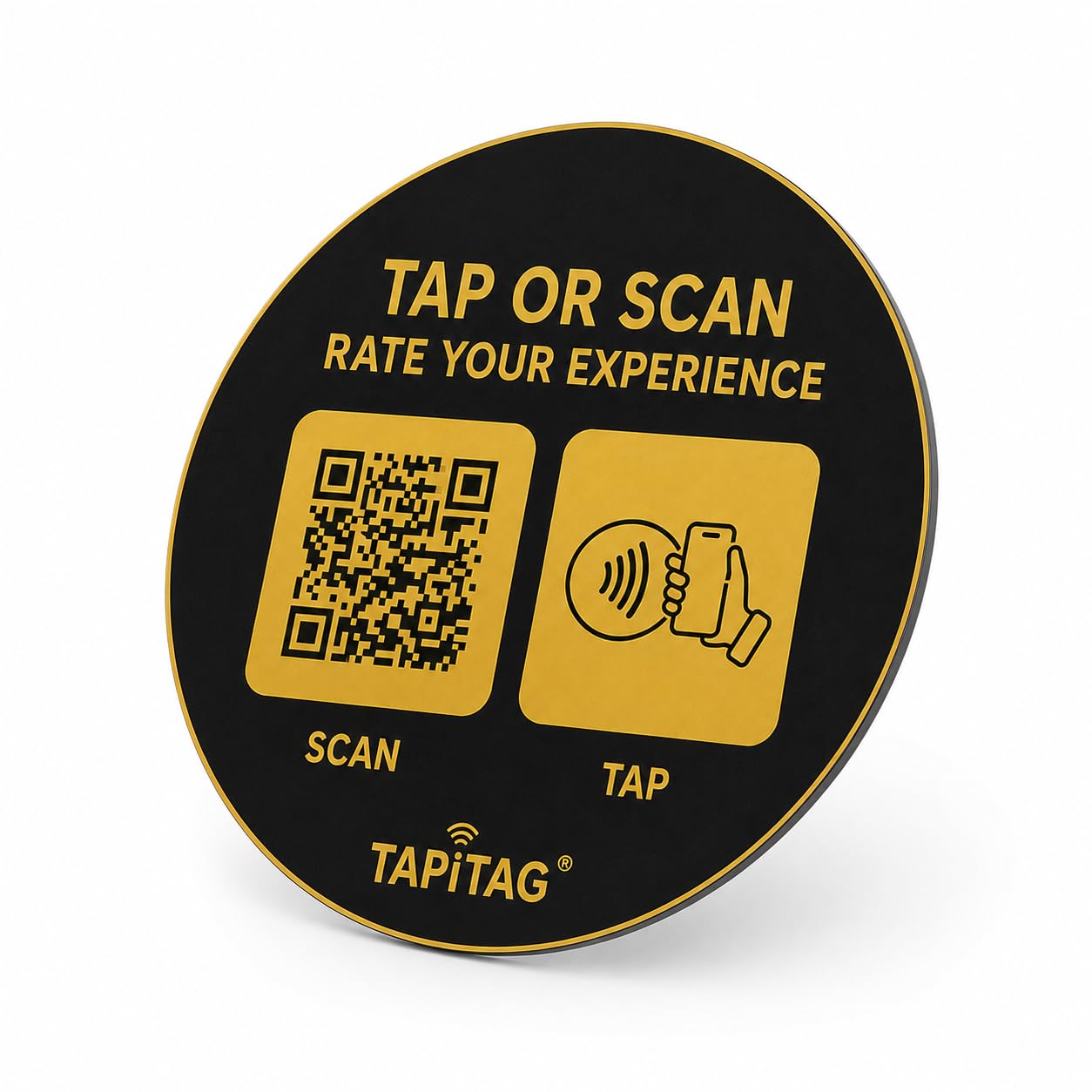 TAPiTAG Smart Business Hub – Tap or Scan to Access Your Business Info (Reviews, Menu, Socials, Bookings & More) – Contactless Display Sign with NFC, QR & Customisable Profile (Black & Gold, PVC, 70mm)