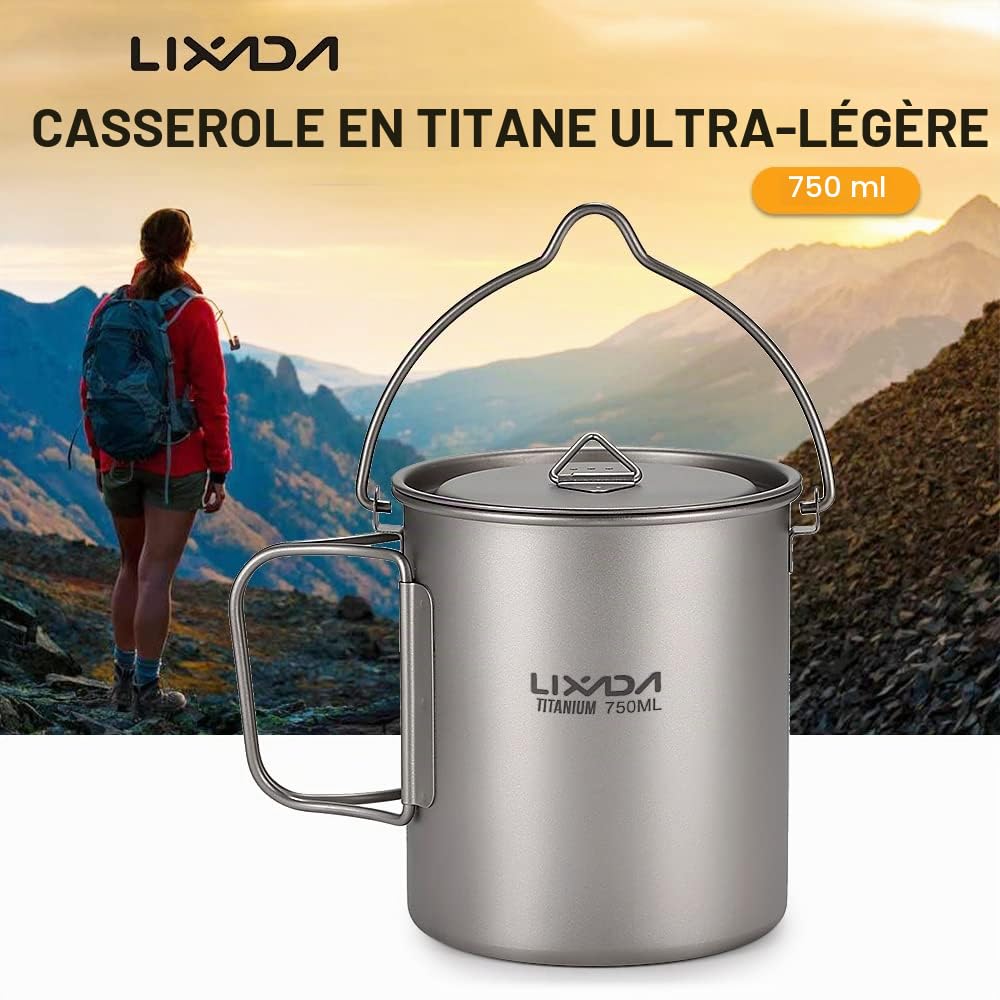 Lixada Titanium Cup Pot Ultralight Portable Cup Pot Suspendu avec Couvercle et poignée Pliable Camping en Plein air Randonnée pédestre 900ml