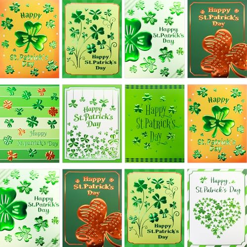 Fancy Land St. Patrick's Day Cards with Envelopes 24 Pack Embossed Shamrock Cards Blank Inside Party Supply Green 8 Designs