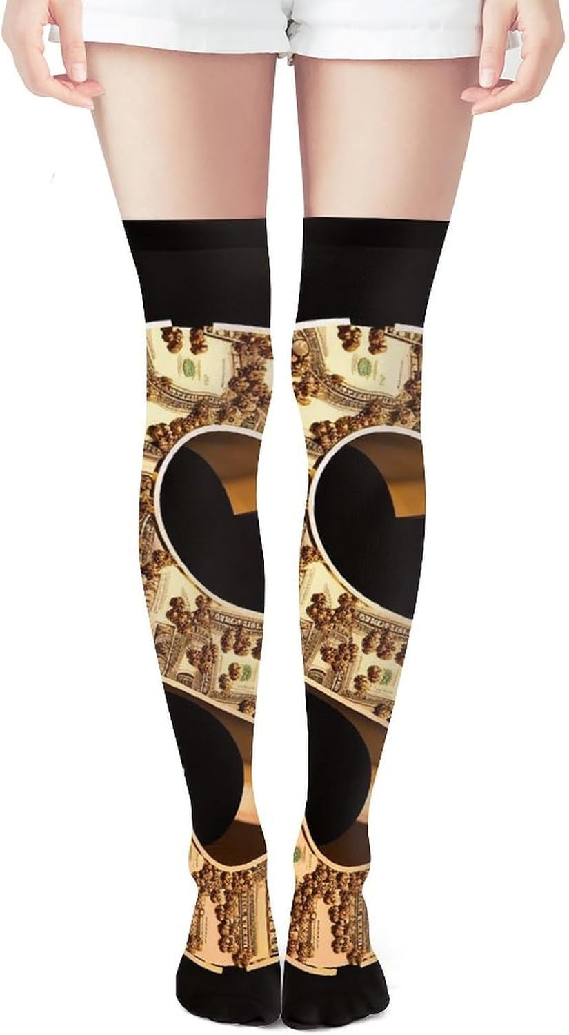 Gold Dollar Sign Knee High Stockings for Women 23.6" Breathable Thigh High Stockings Over The Knee Socks