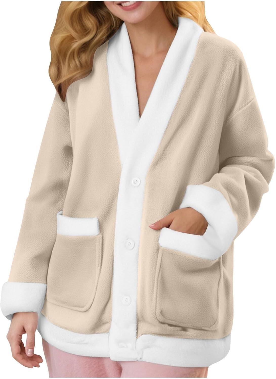 Fleece Jacket Women Cozy Warm Bed Jackets for Elderly Women Fuzzy V Neck Button Up Sleepwear Long Sleeve Winter Coat