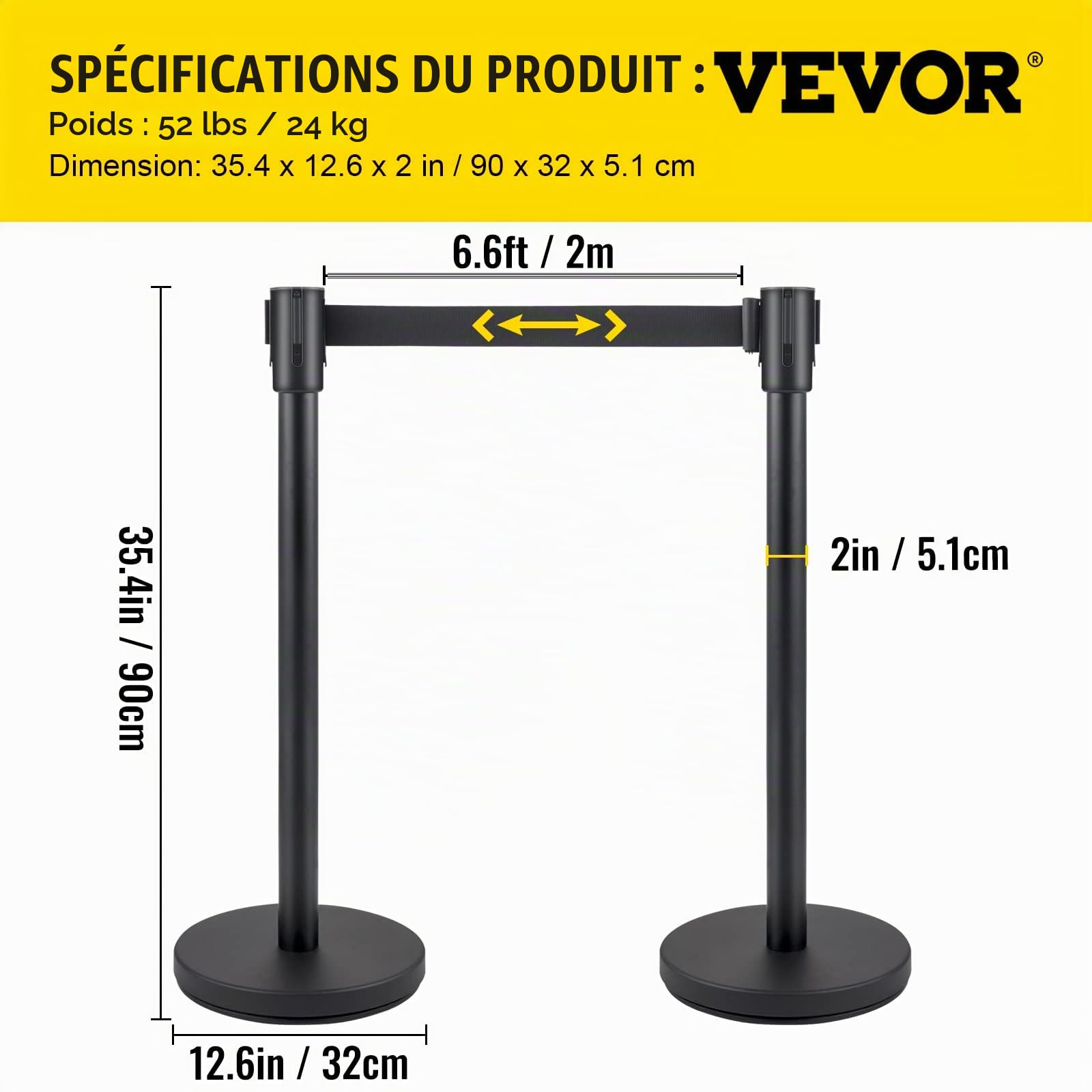 VEVOR Poteau de guidage, 4 pcs, barrière de balisage pour contrôle de foules avec sangle rétractable noire 2 m, ruban de barrière, support de barrière avec base en béton et métal, pour théâtre, hôtel