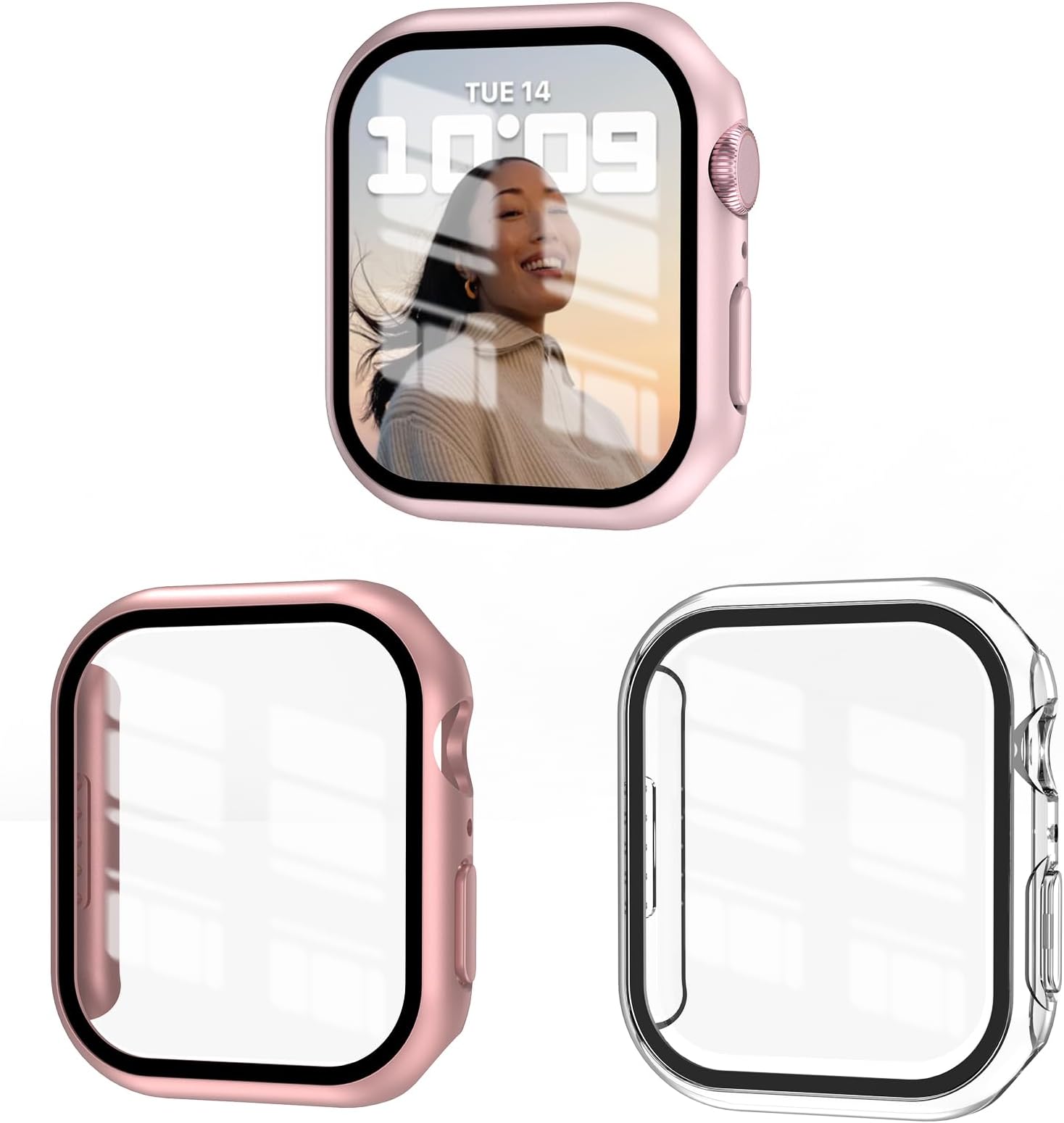 3 Pack Case Compatible with Apple Watch Serie9/8/7 45mm with Tempered Glass Screen Protector, EWUONU Hard PC Full Cover Ultra-Thin HD Bumper Protective Cover for iWatch 45mm, Rose Gold/Pink/Clear