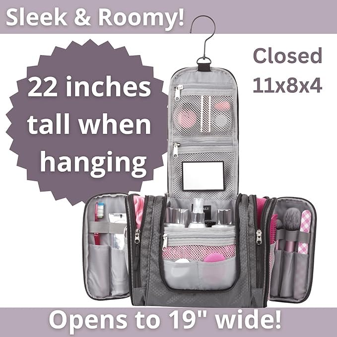 BORSALI Hanging Toiletry Bag for Women with Mirror - Medium Travel Bag for Toiletries & Travel Essentials - Compact Yet Roomy - 22 Compartments & Mesh Back Pocket - Sturdy Swivel Hook3