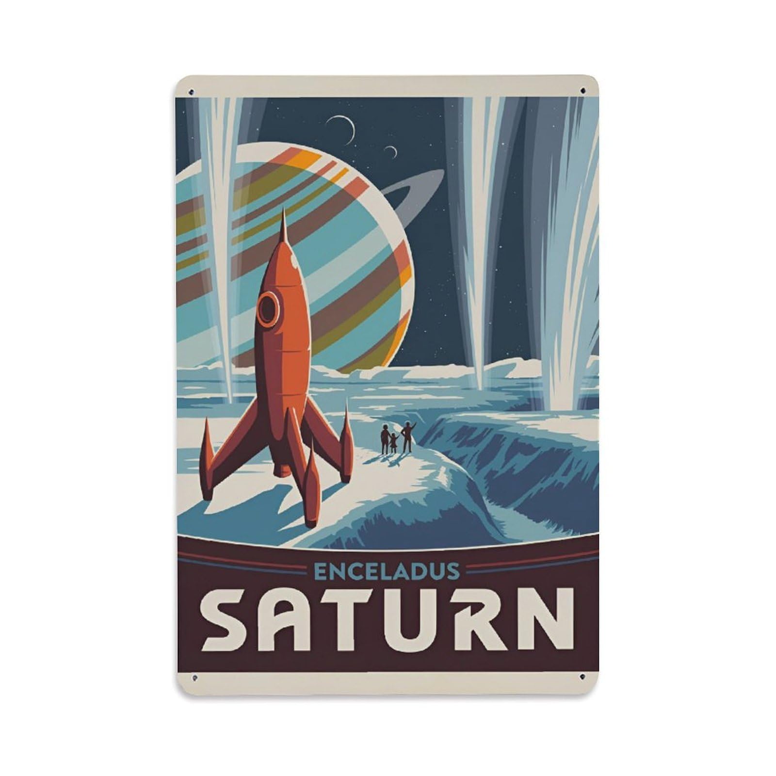 Vintage Space Poster Saturn Ice Moon Of Enceladus Metal Tin Sign Wall Decor for Cafe, Club, Garden Metal Poster 8x12Inch