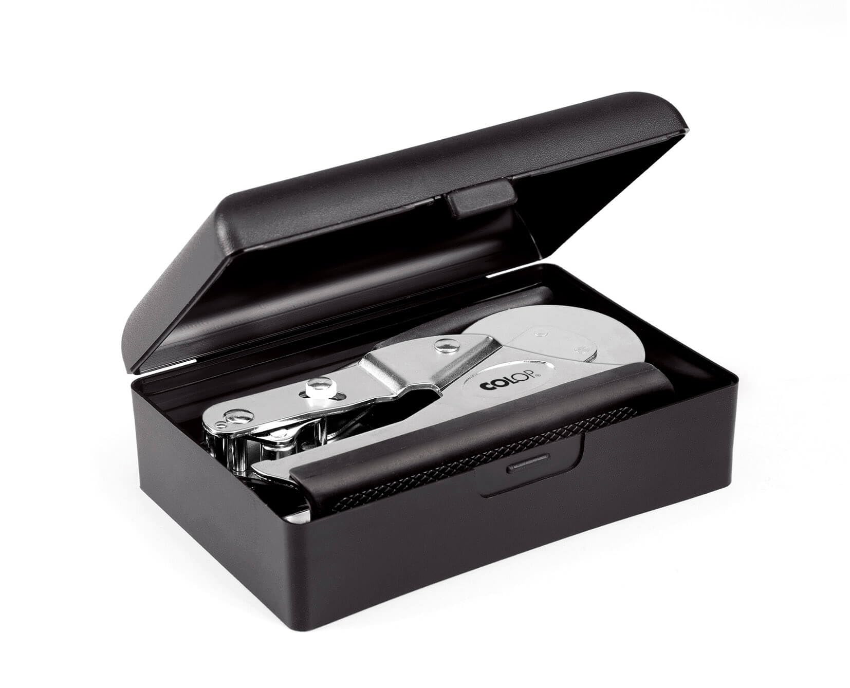 COLOP Prägezange individuell gestaltbar – personalisierter Prägestempel Wunschtext & Logo – hochwertiges Prägesiegel für Papier – Blindprägung – Büro Hochzeit Notar (8 Zeilen Rund 51 mm Durchmesser)