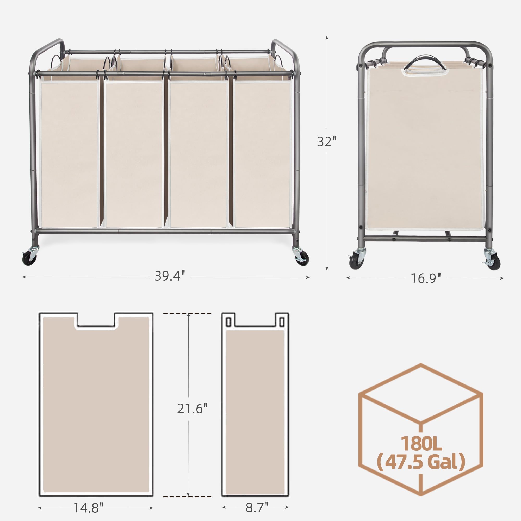 STORAGE MANIAC Wäschesortierer mit 4 Abschnitten und herausnehmbaren Beuteln, Beige, umweltfreundlich, tragbar, wasserdicht