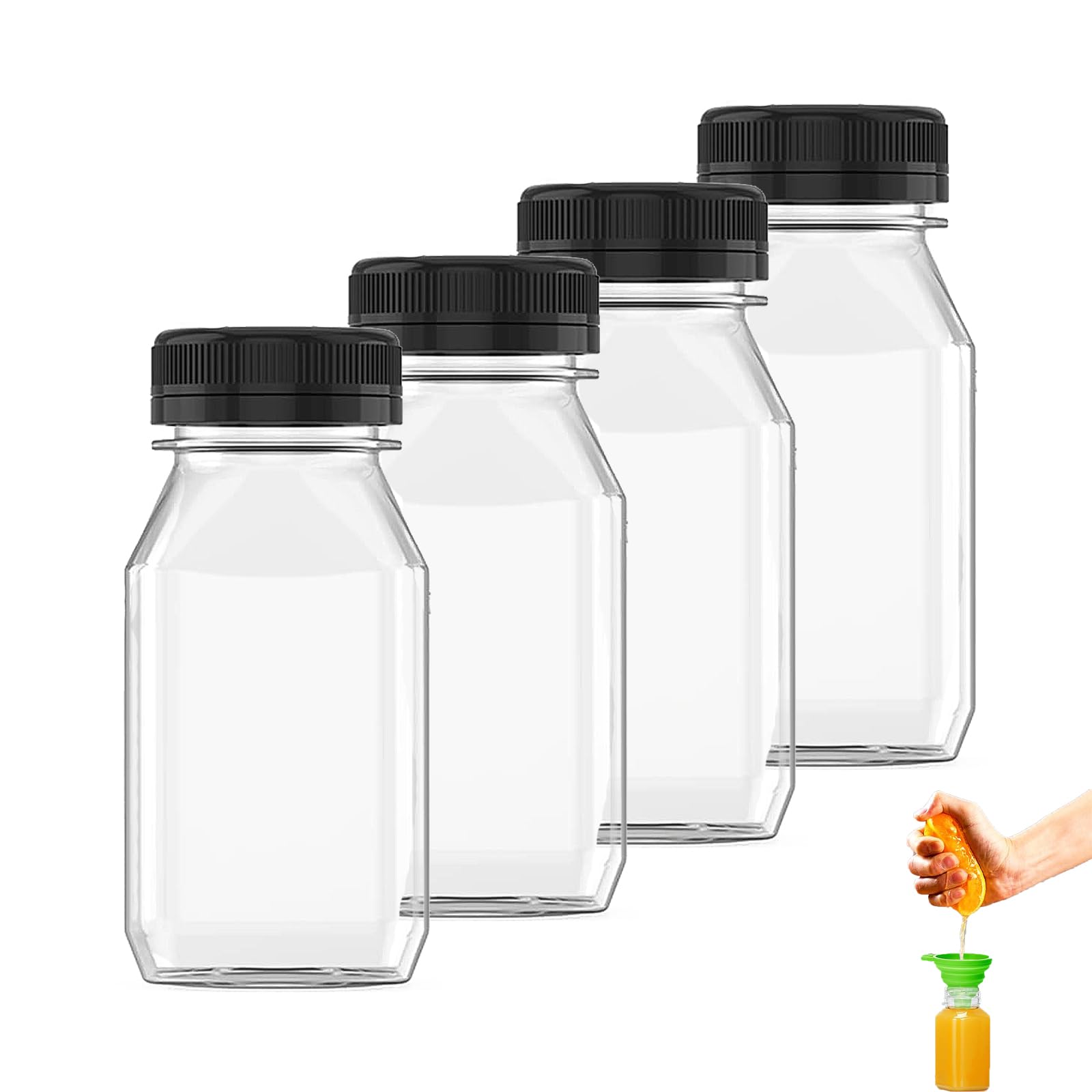 CUWERFO 4 PCS Shot Bottles with Lids, Plastic Bottles, Juice Bottles with Lids, Mini Empty Plastic Juice Bottle, for Milk, Juice, And Beverages on the Go(280ml)