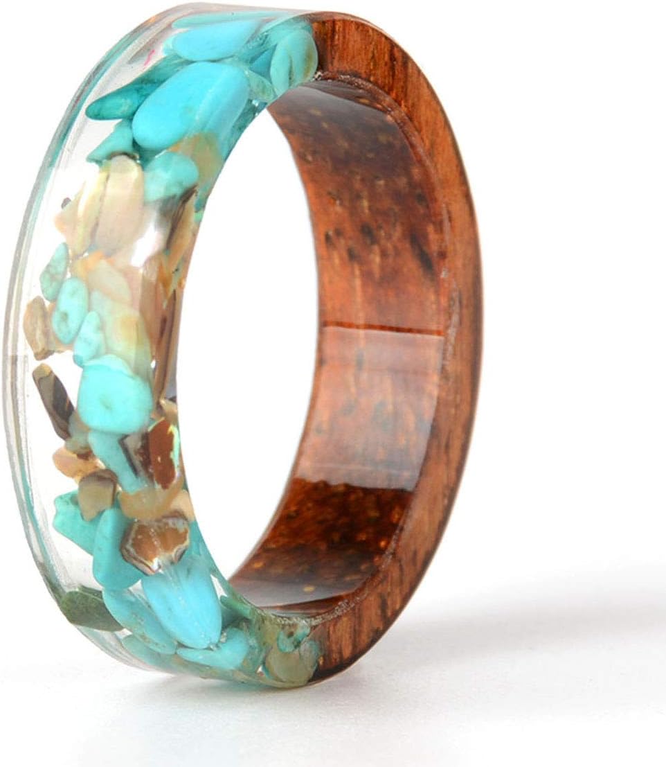 NDJEWELRY Unique Wood Resin Ring with Turquoise Insided Transparent Crystal Band Ring Best Handmade Gift for Her Size 6.5