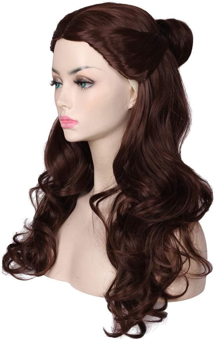 ColorGroundWomen's Long Wavy Brown Prestyled Cosplay Costume Wig with Detachable Bun
