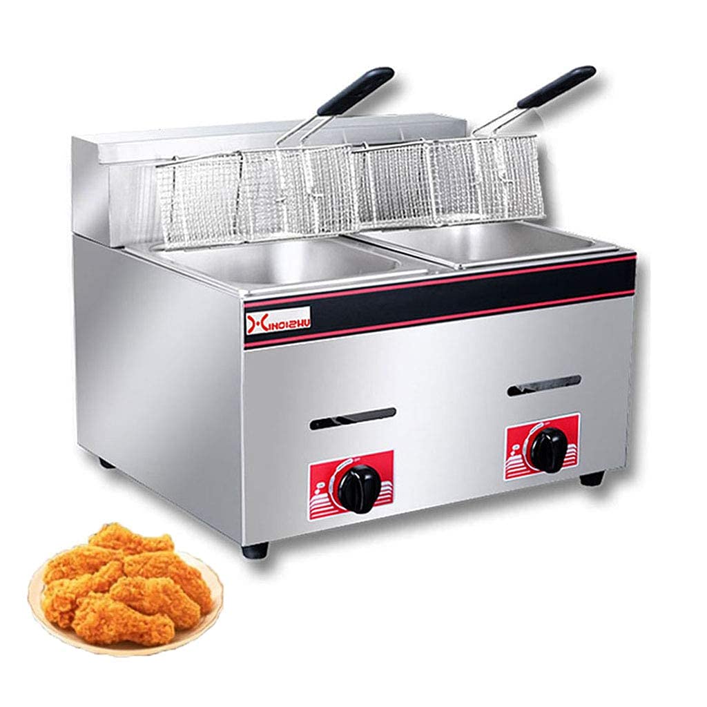 20L Gas Fryer Commercial Griddle French Fries Fryer with 2 Frying Baskets Stainless Steel Home Double Cylinder