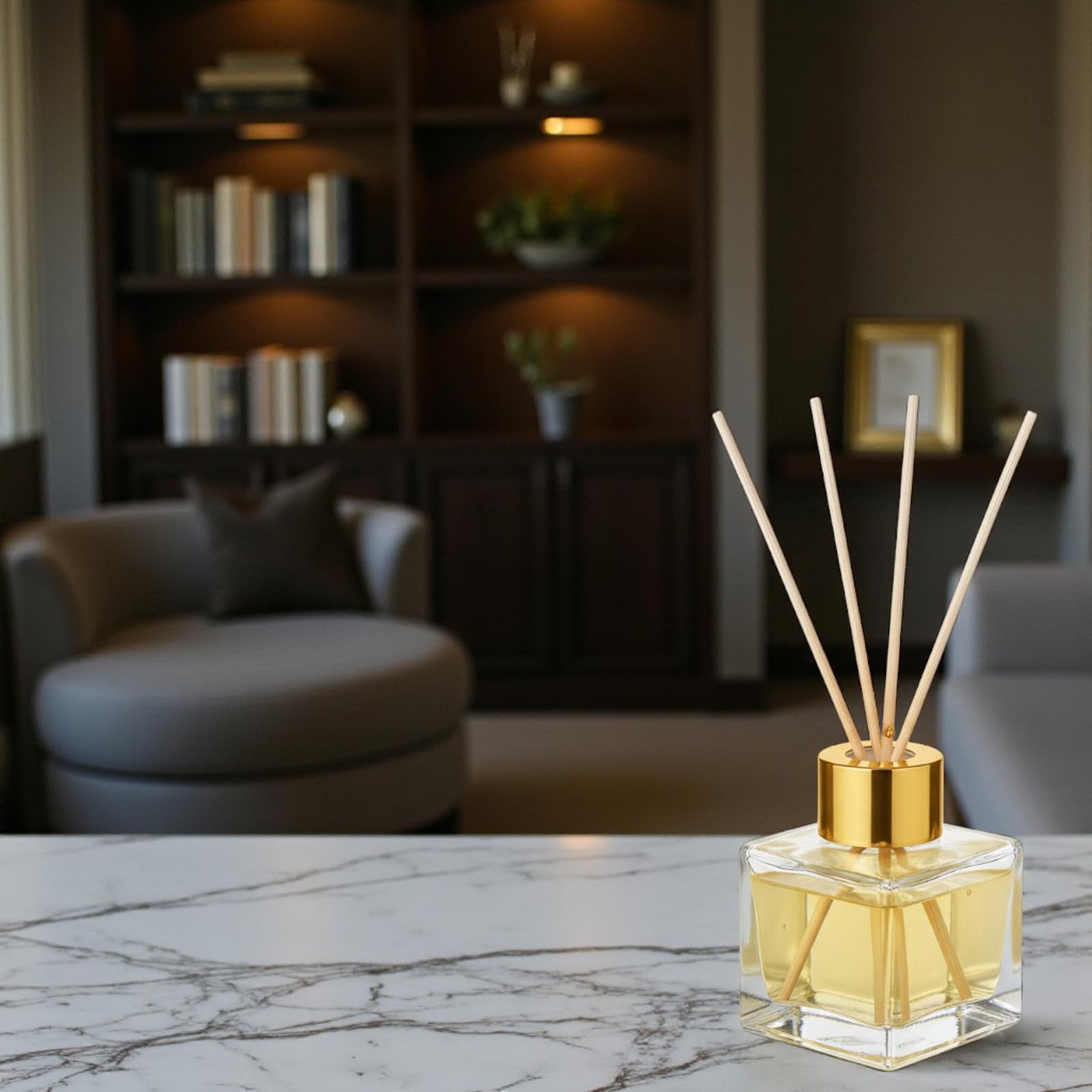 Doni Bomboniere - 50 leere Glasflaschen à 50 ml mit Holzstäbchen für Raumduft - Diffusor für ätherische Öle für Zuhause, Badezimmer, Wohnzimmer, dekorative Möbel (Gold)