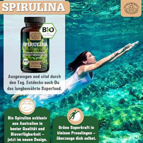 Spirulina -6000mg je Tagesdosis- 600 Tabletten - WICHTIG: 100% BIO zertifiziertes Spirulina aus Australien I Laborgeprüft und Vegan -Deutsche Produktion- SCHEUNENGUT®
