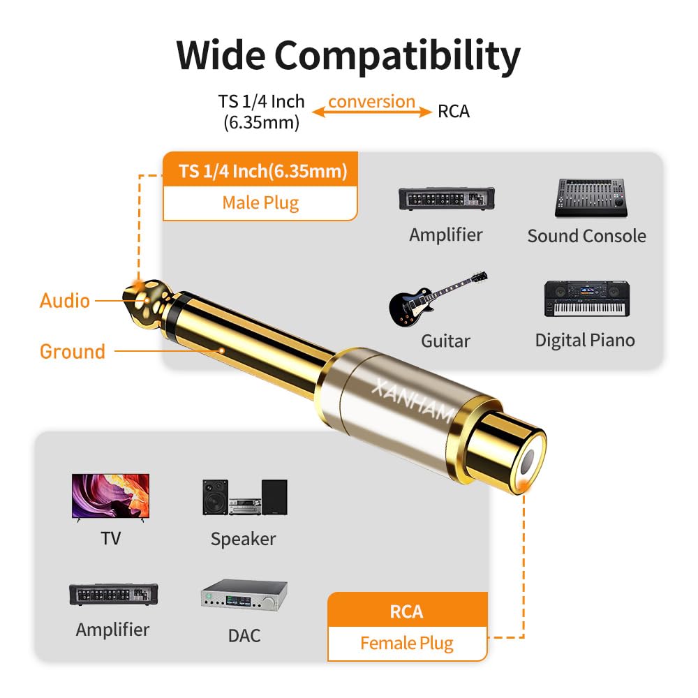 RCA hembra a 1/4 pulgadas 6.35 mm TS macho mono adaptador de cobre sólido chapado en oro, paquete de 2
